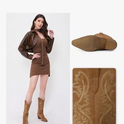 iiimmu Cowgirl Boots Women Knee High Boots Pointed Toe and Block Heel Cowboy Suede and Faux Leather Boots with Embroidered