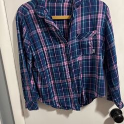  Secret button up long sleeve, shirt, size medium plaid colors, navy blue, purple, and pink plaid pocket emblem. VS.