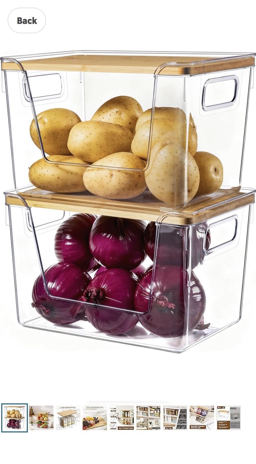 New In Box! 2 Set Pantry Organizers and Storage with Bamboo Lid, Stackable Clear Bins for Onion, Potato, Fruit, Vegetables, Trash Bag Dispenser for Ki