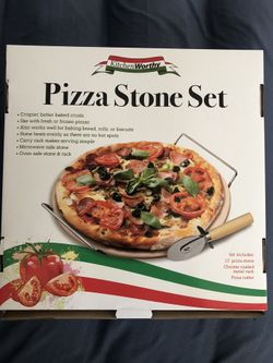 KITCHEN WORTHY PIZZA STONE SET 13” PIZZA STONE PIZZA CUTTER CHROME COATED METAL RACK BRAND NEW IN BOX NEVER OPENED OVEN-SAFE