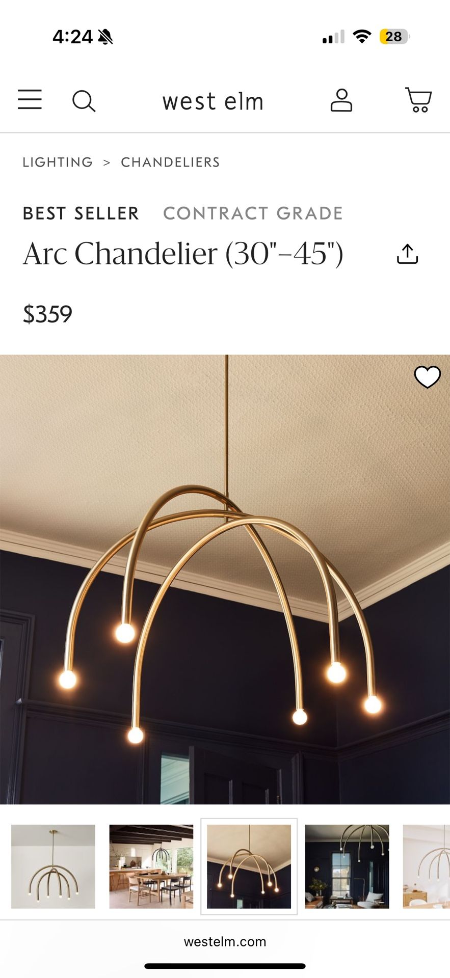 West Elm Arc Chandelier Champagne 30”