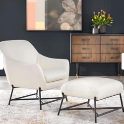 New White Mid Century Modern Accent Chair with Ottoman