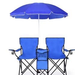 Costway Portable Camping Folding Picnic Double Chair W/Umbrella Table Cooler Beach Camping Chair