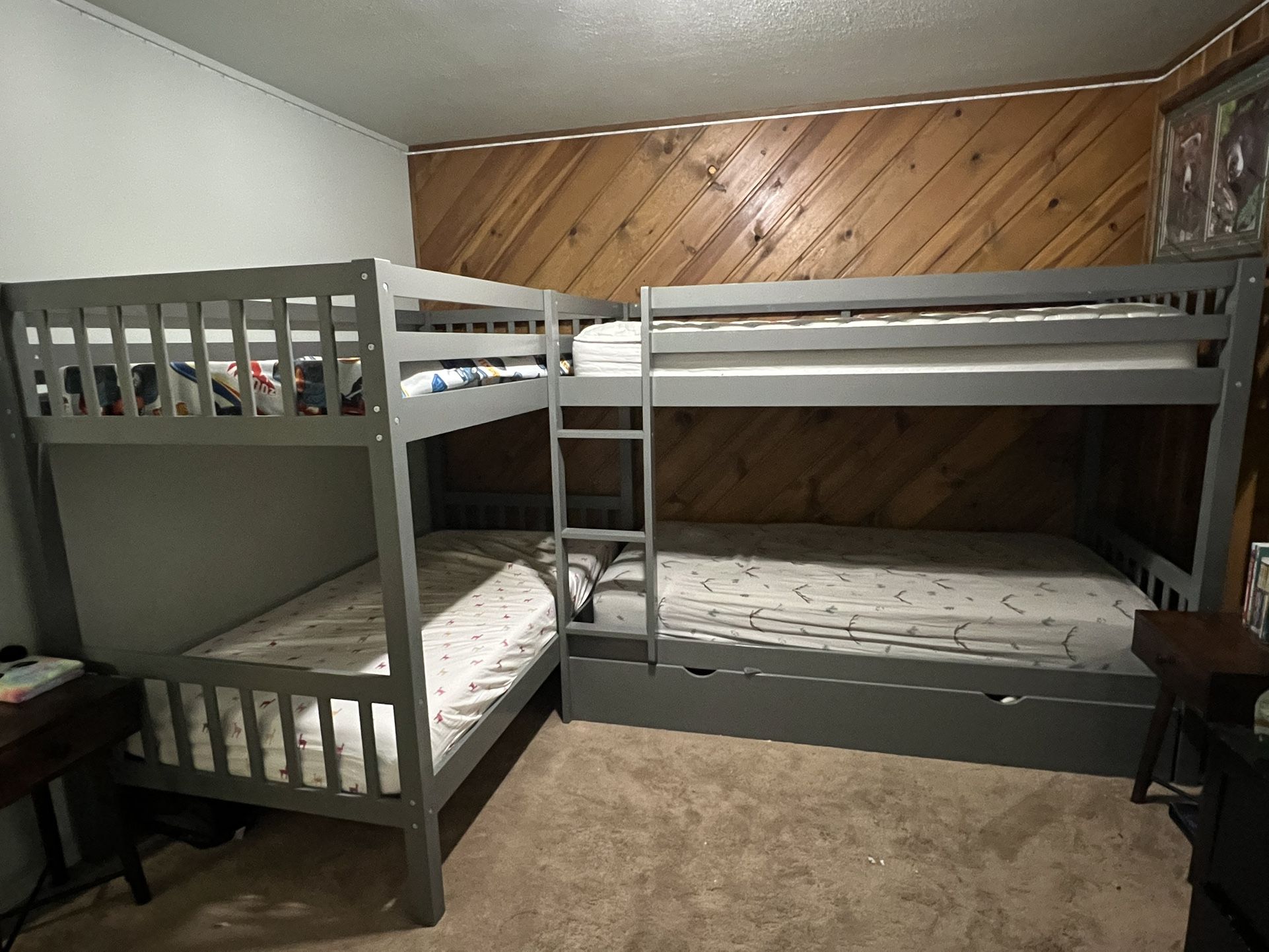 Twin Size Quad Bunk Beds, Kids Bunk Bed with Drawers, Wood L-Shaped Bunk Bed 4 Bed Bunk Beds for Kids,Teens (Grey)