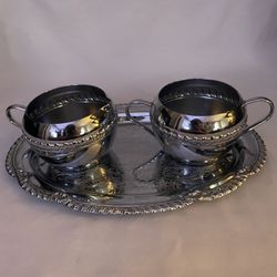 Vintage Irvinware/Irunware Chrome Creamer and Sugar Bowl with Lid on Tray Set