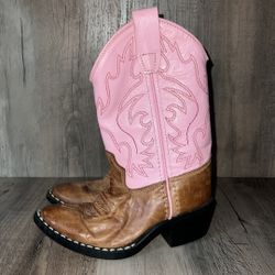 OLD WEST Girl's J Toe Tan Canyon/Pink Western Boot (8139) toddler size 090 (about 9-9.5). Bottoms are in w excellent condition - insides have little r