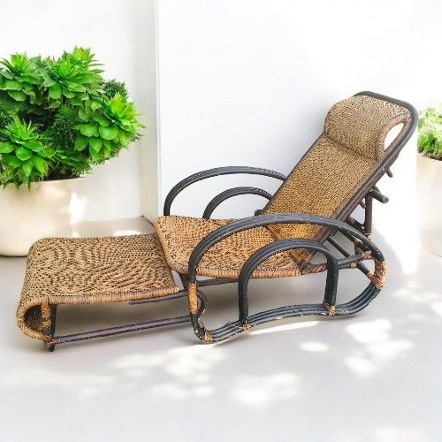 Vintage 40s Franco Albini Style Rattan Chaise Lounge Chair 