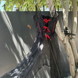 Vintage Goth Sheer Black Lace Bedroom Set with Red ribbon ties and robe 