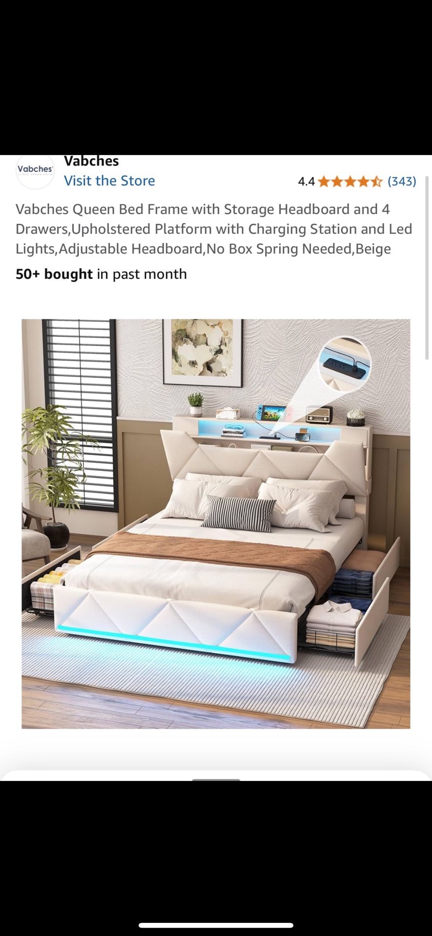 Vabches Queen Bed Frame with Storage Headboard and 4 Drawers