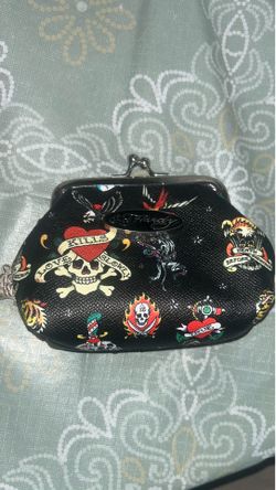 Ed Hardy Black Coin Kiss Lock/Cluch Purse Tattoo Print Shoulder Chain