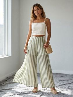 Angel Biba White Olive Striped Wide-Leg Pants Size 10