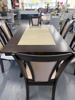 Dark Wood Dining Table Set with 6 Chairs