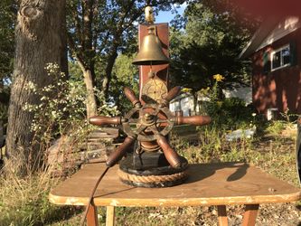 Vintage Wooden Boat Steering Wheel Table Lamp Nautical Decor