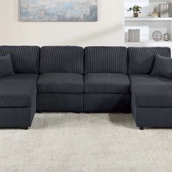 BRAND NEW BLACK DOUBLE CHAISE CORDUROY SECTIONAL SOFA COUCH (NEW IN BOX)