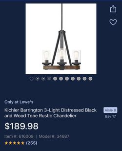 Kichler barrington 3-light Distressed Black And Wood Tone Rustic Chandelier