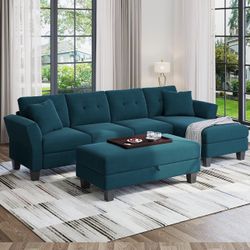 Elegant Teal Sectional Sofa + Ottoman 