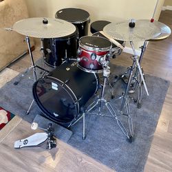 Compact Mixed Drum Set 18” Bass 10”PDP tom 15” Ddrum Diablo 16” Tama Swingstar 13” Remo Touchmaster Piccolo New Quiet Cymbals Stands Throne Pedal $500