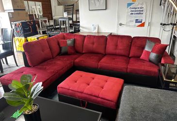 Red microfiber sectional couch and ottoman