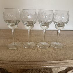 4 Vintage Beautiful Etched Wine Glasses