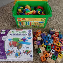 180 pieces Lego duplo. 
4in1 construction set. 
Wooden blocks with alphabet and numbers. 
