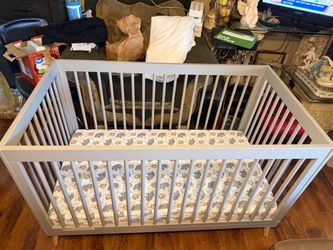 Gray Wood Baby Crib with Mattress