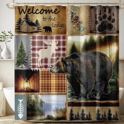 Rustic Cabin Shower Curtain Farmhouse Country Bear Moose Retro Wooden Board Farmhouse Forest Art Print Waterproof Bath Curtain for Bathroom Decor with
