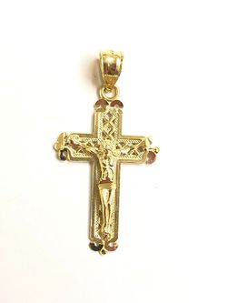 Beautiful design cross with jesus religious pendant 14K REAL YELLOW GOLD.