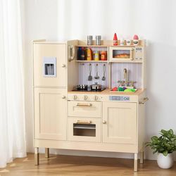 Play Kitchen for Kids, Wooden Toy Toddler Kitchen Sets, Pretend Cooking Playset with Storage & Accessories, Realistic Light & Sound, Stove, Fridge, Mi