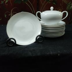 10 Salad China Plates by Harmony House "Simone" & Sugar Container W/ Lid with Platinum edge