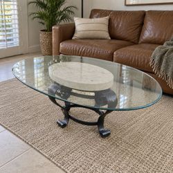 Oval Glass Coffee Table – Stone & Black Metal Base