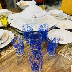 6 VTG Federal Glass Co Drinking Glass/ Tumblers in “Willow Blue” Pattern With A  “Stitched Border”