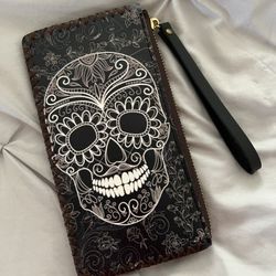 Sugar Skull Cell Phone Wristlet - Brown