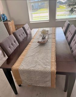 Dark Wood Dining Table with 6 Upholstered Chairs