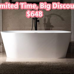 67 in. Soild Surface Stone Resin Freestanding Matte White Bathtub, Double Ended Oval Shape Soaking Tub