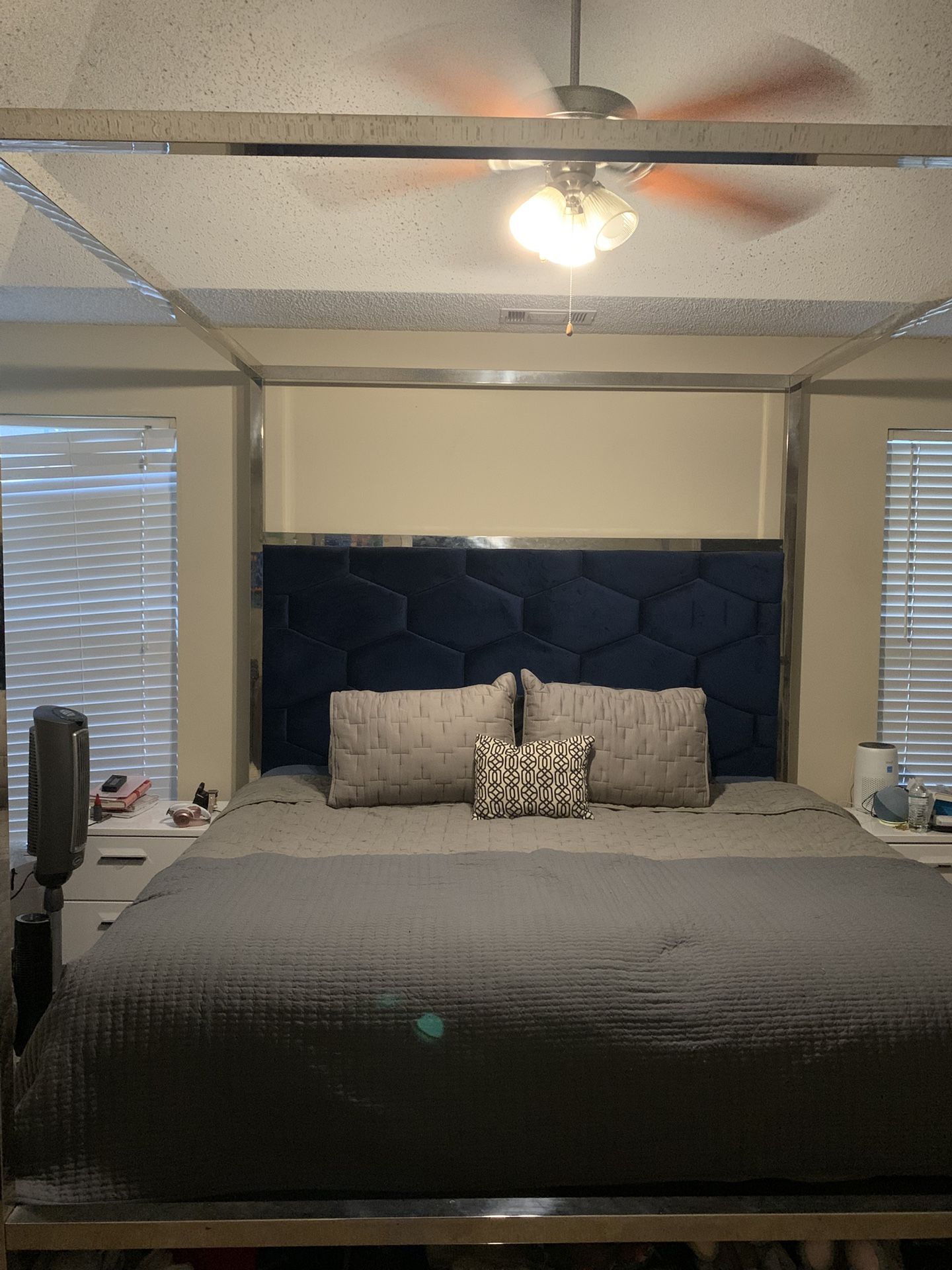 King Size Navy Blue Suede Canopy Bed Frame