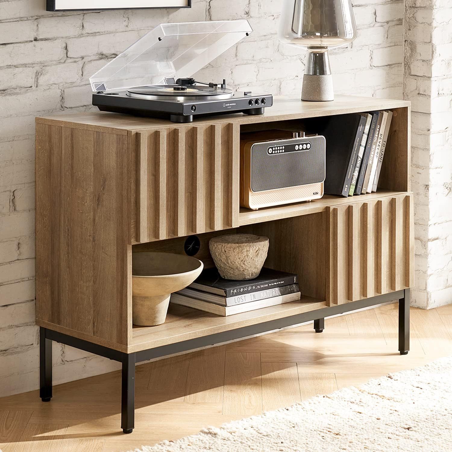 mopio Norwin Entryway Table, Modern Rustic Industrial Farmhouse Console Sofa Table, Display Shelf, Accent Cabinet, with Metal Legs, Soft Close Door, S
