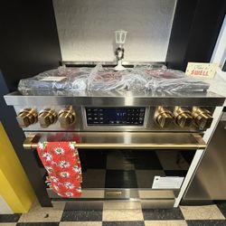 Thor Gordon Ramsay Collection 36” Gas Range In Stainless Steel With Gold Handle And Knobs