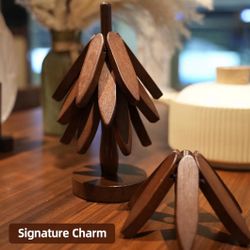 4 Wooden Trivets for Hot Dishes, Christmas Tree Trivet Set, Foldable Walnut Wood Trivets for hot pots and Pans, Tree-Shaped Coasters for Pots, Pans, B