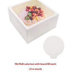 10” x 10” x 6” or 12” x 12” x 6” cake box with board