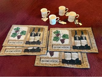 Bundle - set of 4 wine themed ceramic mugs and placemats