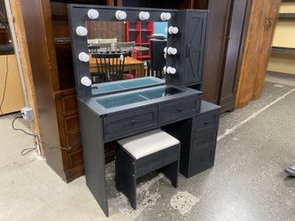 Modern Black Light-Up 5-Drawer Vanity w/ Stool