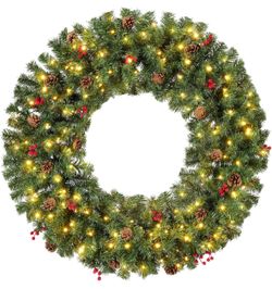 Best Choice Products 48in Pre-Lit Christmas Wreath w/Berries & Pinecones - Brand New in Box