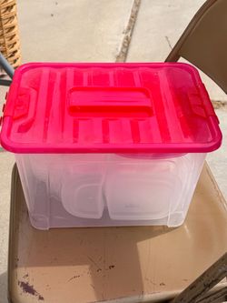 Clear Plastic Storage Container with Pink Lid