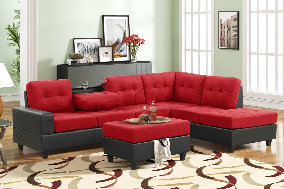 Sectional Sofa, Black, And Red With Ottoman Brand New