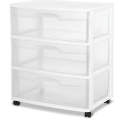 Sterilite Wide 3 Drawer Storage Cart, Plastic Rolling Cart with Wheels to Organize Clothes in Bedroom, Closet, White with Clear Drawers, 3-Pack
