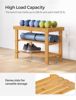 Shoe Rack Bench, 3-Tier Bamboo Shoe Storage Organizer, Entryway Bench, Holds Up to 286 lb, 11.3 x 27.6 x 17.8 Inches, for Entryway Bathroom Bedroom, N