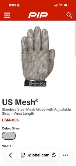 US Mesh USM-1105 Stainless Steel Mesh Gloves with Adjustable Strap, Wrist Length, Silver, Medium
