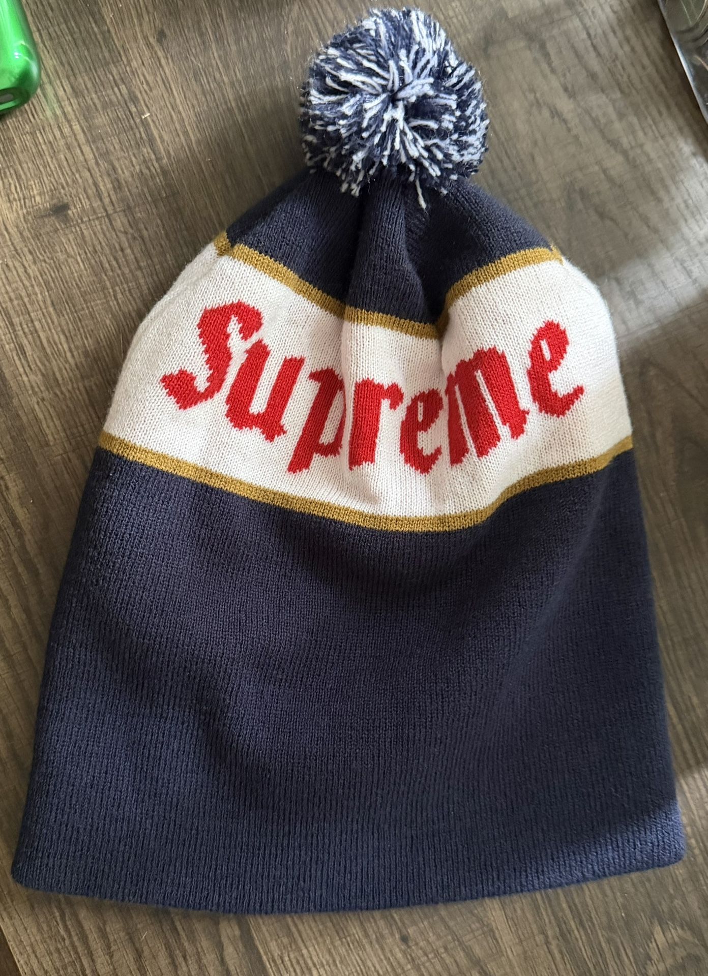 Supreme Beanie – Navy/White/Gold Pom Knit Hat