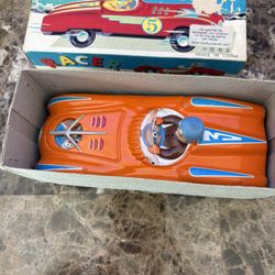 Vintage Tin Metal Litho Orange Friction Mechanical Clicking #3 Toy Car China Mf 800