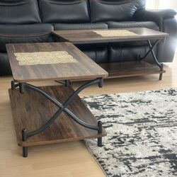 VECELO 39-Inch Coffee Table with Storage and Open Shelves for Living Dining Room, Modern Rectangle & Industrial Design, X-Shape Frame, Brown